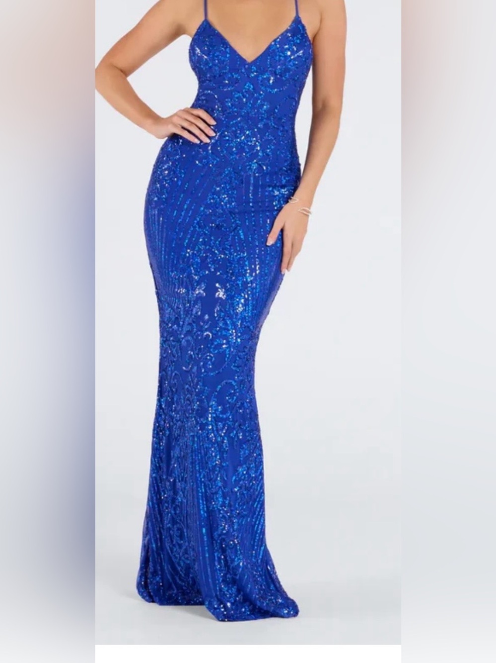 Windsor Lace up / Strap Spaghetti Royal Blue Sequin Evening Gown Size S.